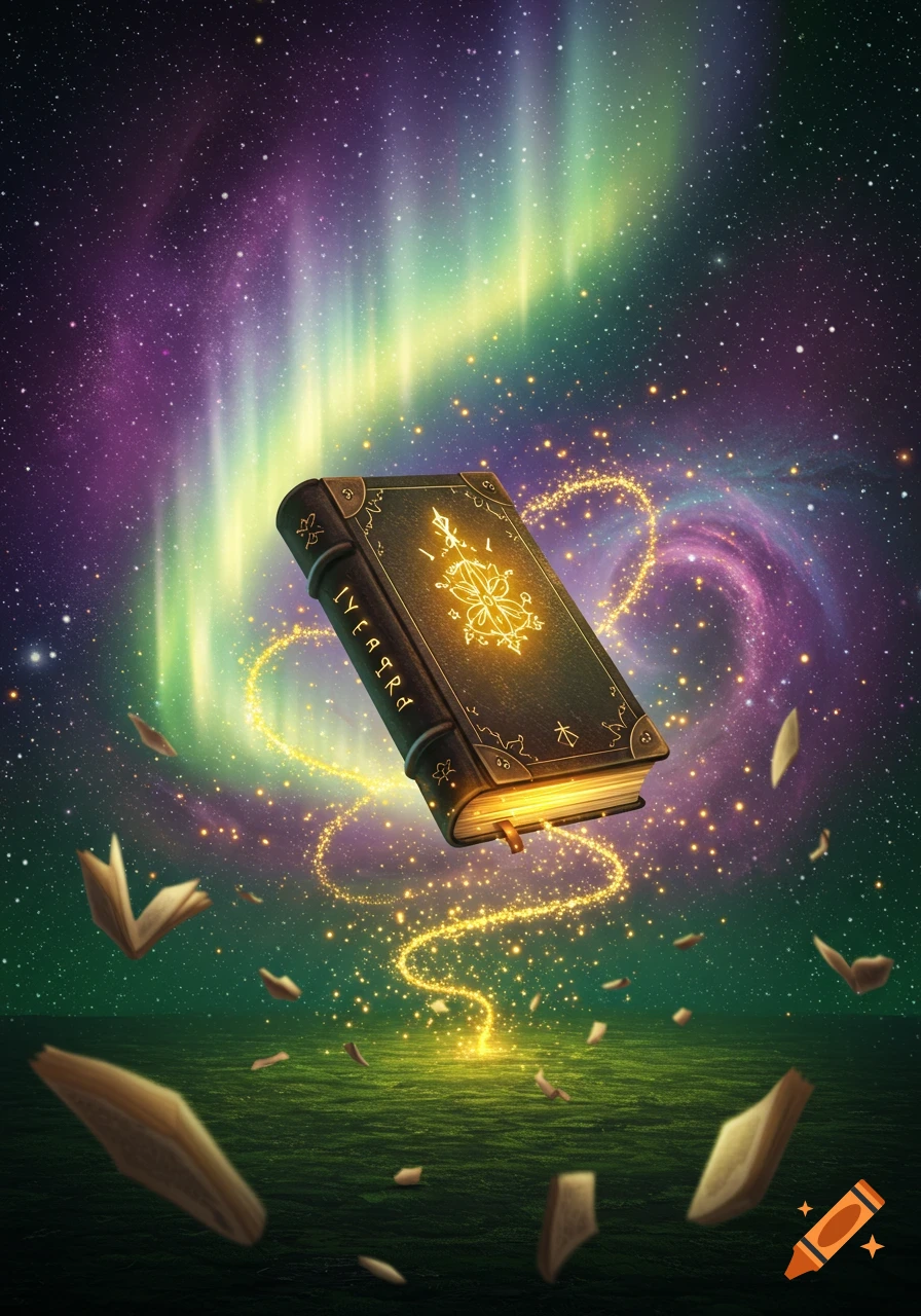 A mystical book floats amidst a starry, cosmic sky with a vibrant aurora, glowing with golden magical energy, while other books float around it over a green landscape.