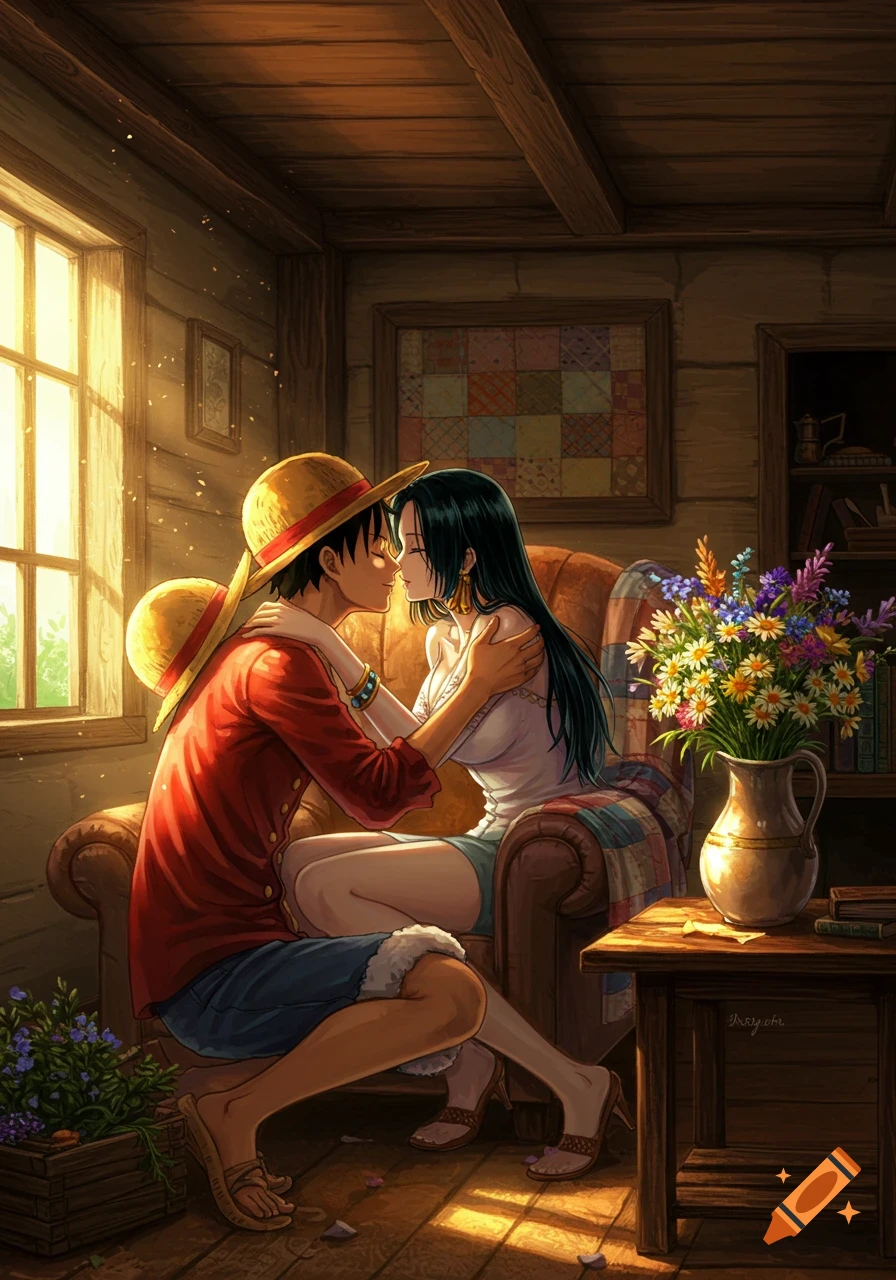 Anime illustration of Luffy and Hancock embracing and about to kiss in a sunlit cottage room.