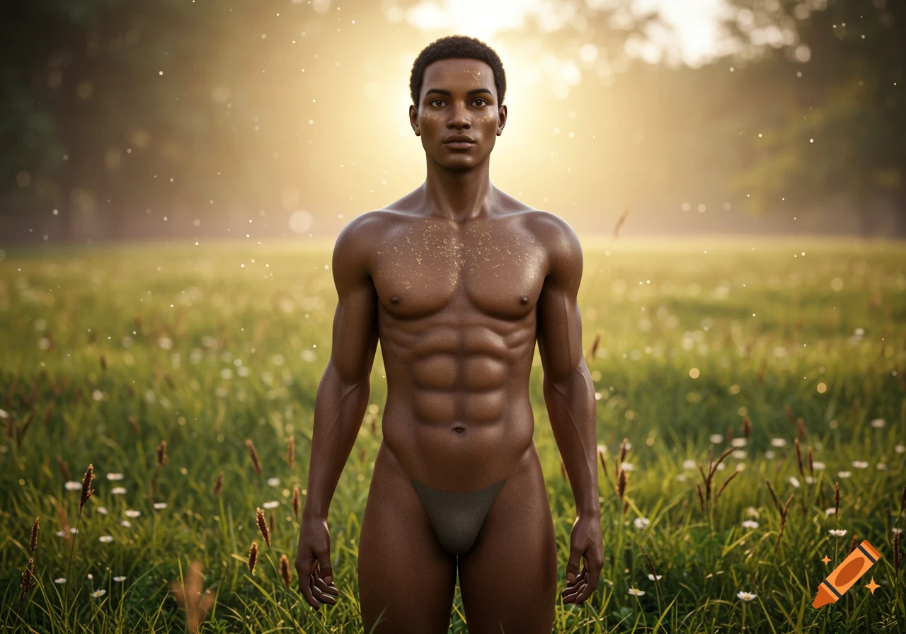 A muscular Black man stands in a sunlit grassy field, wearing a small thong, with glowing particles around him. Photorealistic.