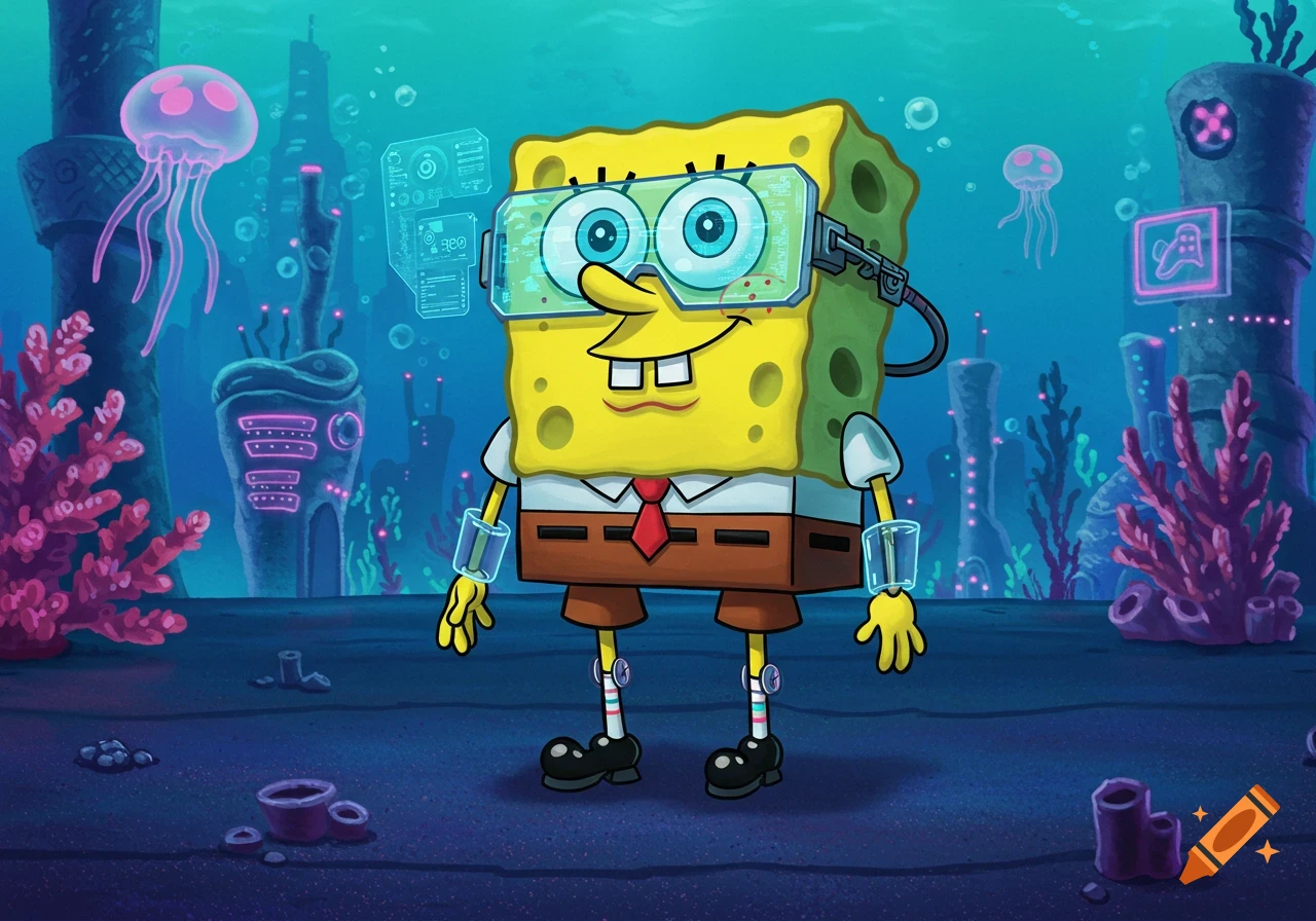 SpongeBob SquarePants wears futuristic VR goggles in an underwater city with glowing structures and jellyfish, cartoon style.