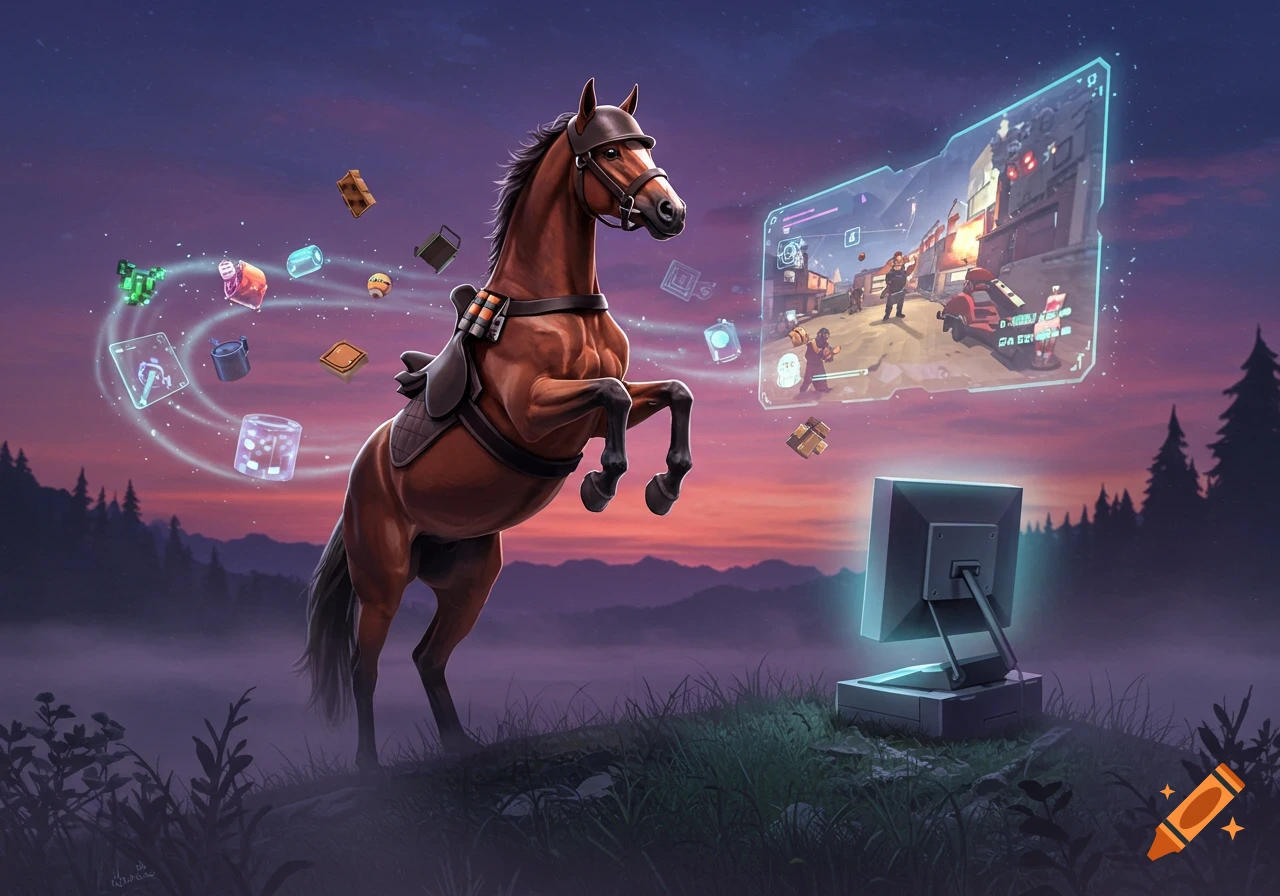 A brown horse rears on a grassy hill, looking at a floating screen displaying a video game, with digital items orbiting it at sunset.