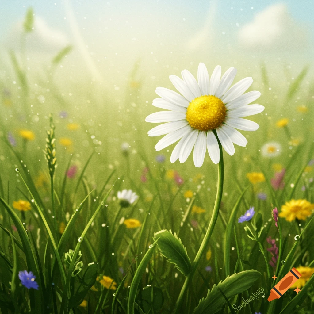 A vibrant digital illustration of a white daisy with a yellow center standing tall in a green, dewy meadow under a bright sky.