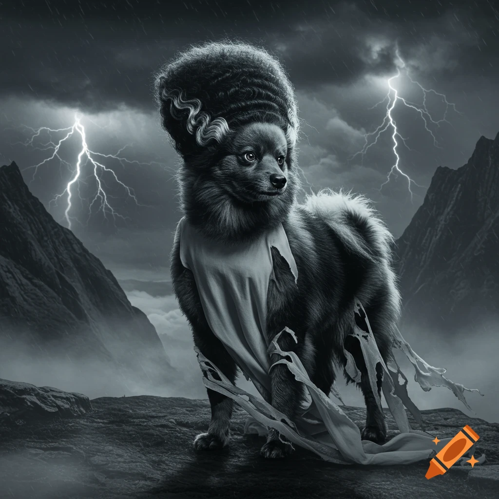 A photorealistic German spitz dog dressed as the Bride of Frankenstein with iconic hair and a torn gown, in a stormy mountain landscape with lightning.