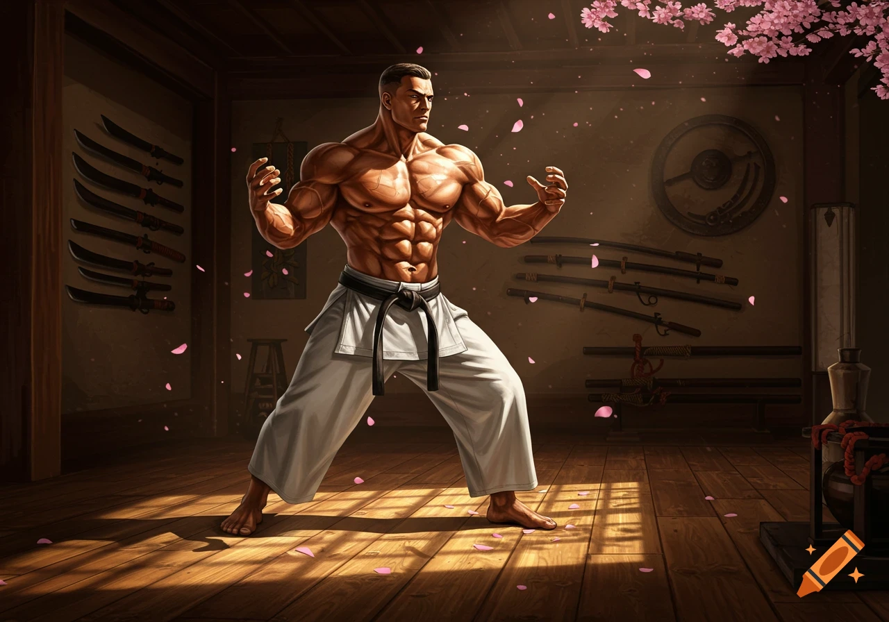 A muscular martial artist in a white gi bottom and black belt poses in a dojo with samurai swords and falling pink cherry blossoms.