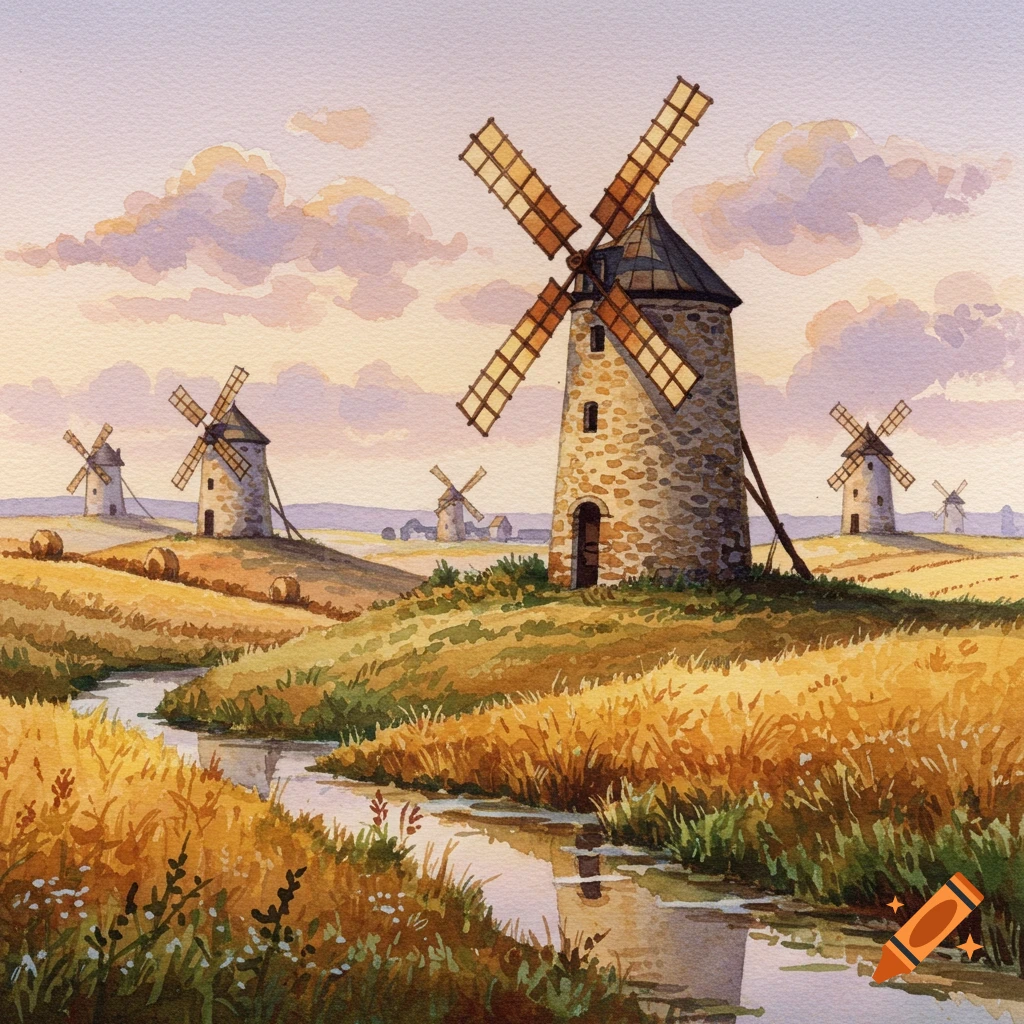 Watercolor painting of multiple stone windmills in a golden field with a winding stream under a cloudy sky at sunset.