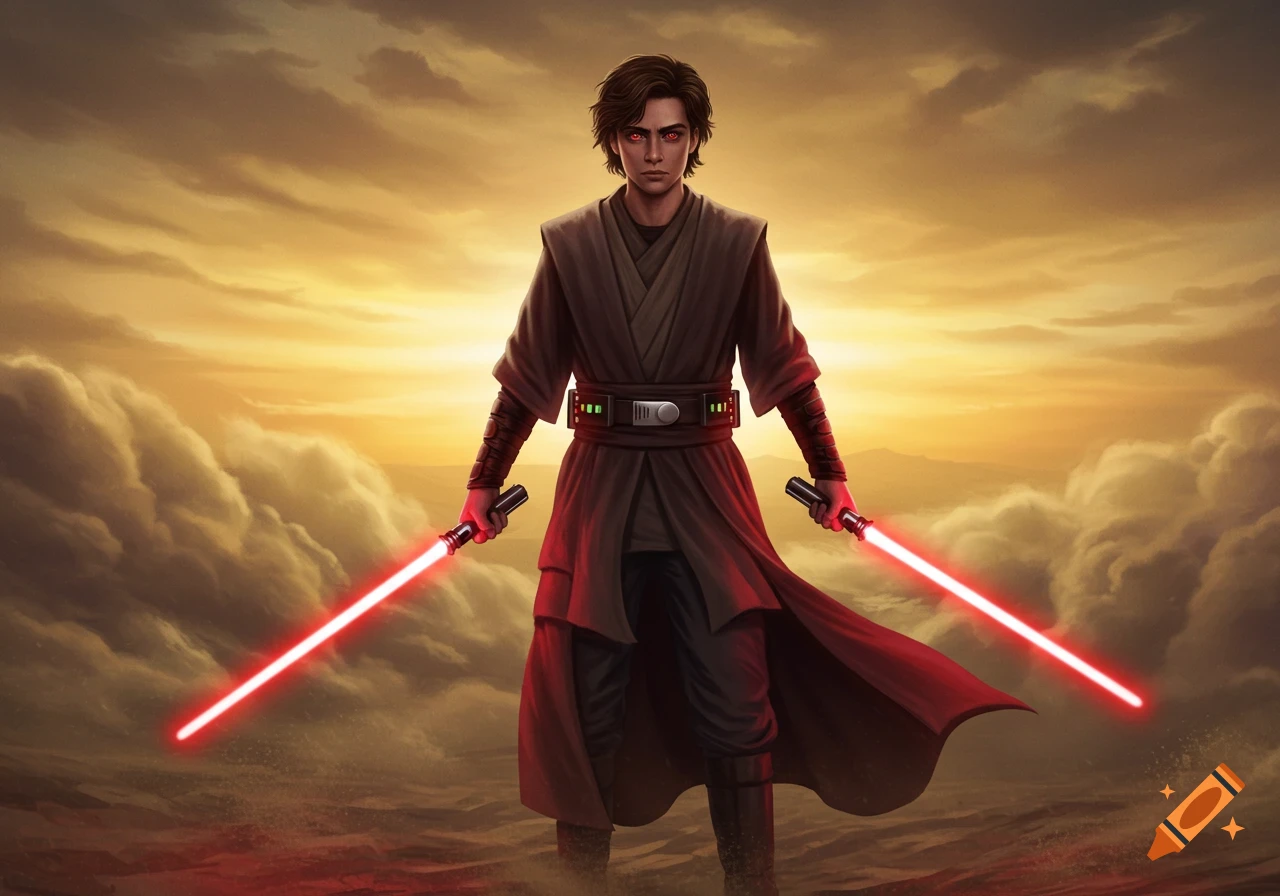 A young man with glowing red eyes in dark robes wields two red lightsabers against a dramatic orange sunset sky.