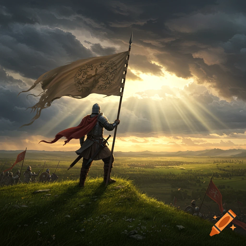 A knight holding a tattered flag stands atop a grassy hill overlooking a vast battlefield at sunset, with sun rays piercing dark clouds.