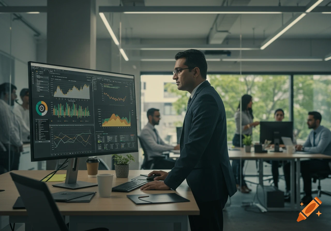 An Indian professional in a suit views data dashboards on a large computer screen in a modern, well-lit office.