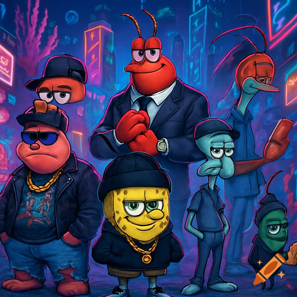 SpongeBob SquarePants characters dressed in hip-hop style clothing, standing in a neon-lit futuristic city background.