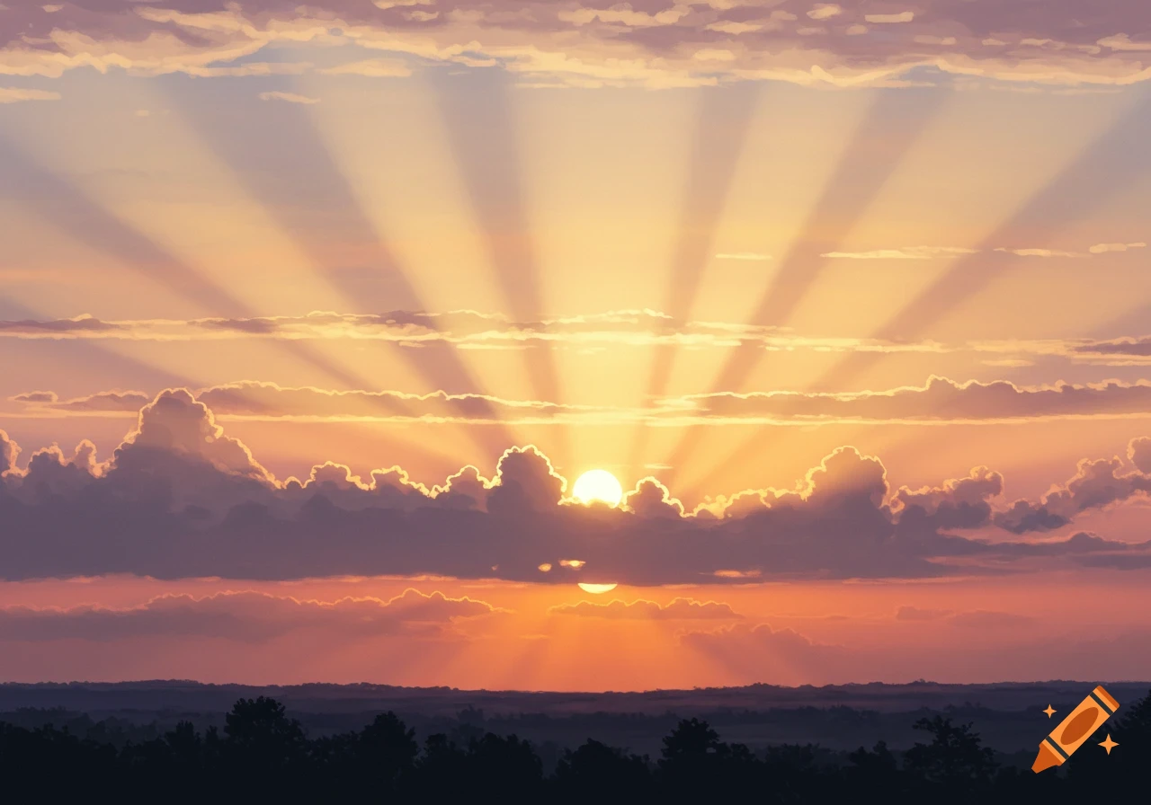 Dramatic sunrise with golden sun rays breaking through purple and orange clouds over a dark treeline.