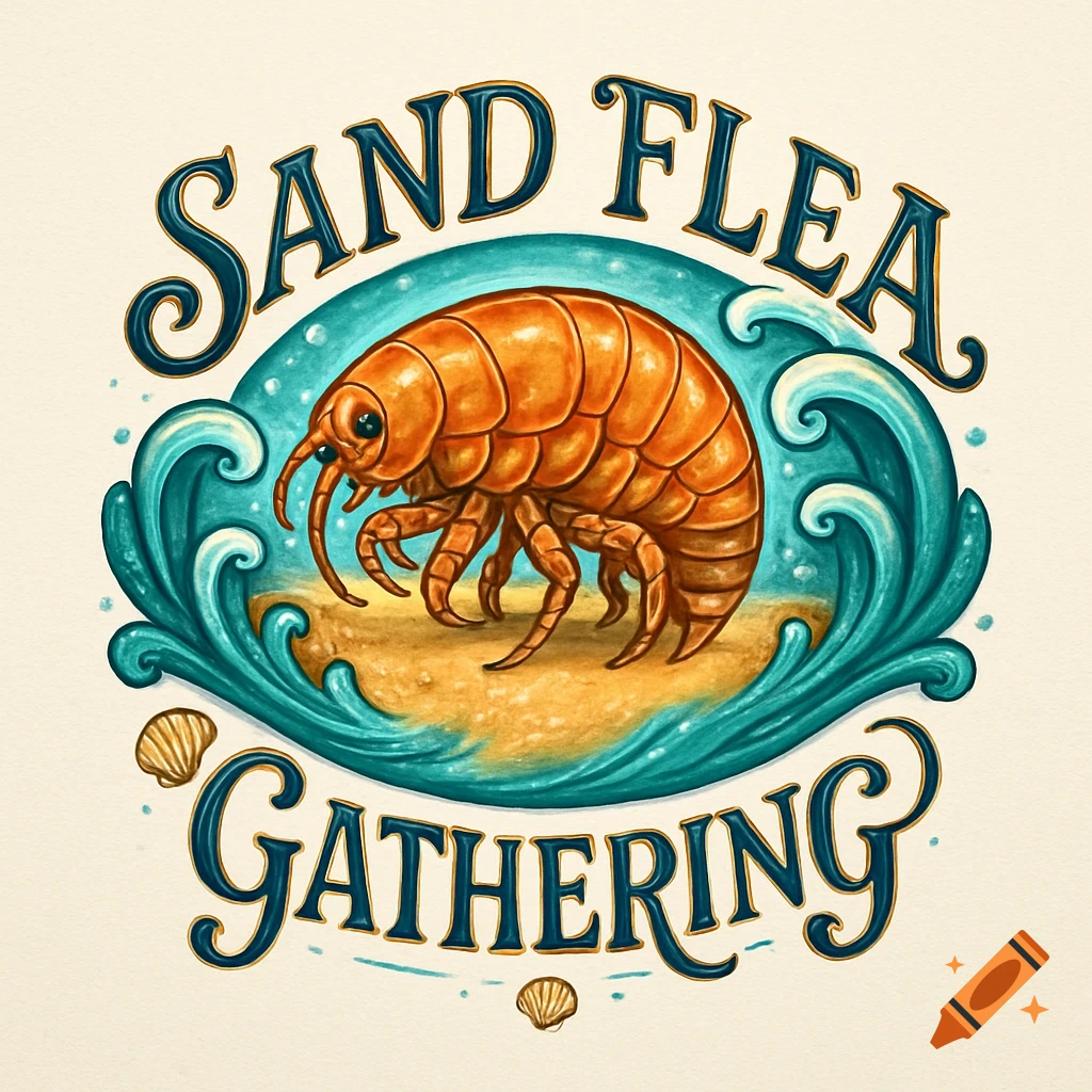 An ornate logo illustration of an orange sand flea on a beach with turquoise waves, and text 'SAND FLEA GATHERING'.