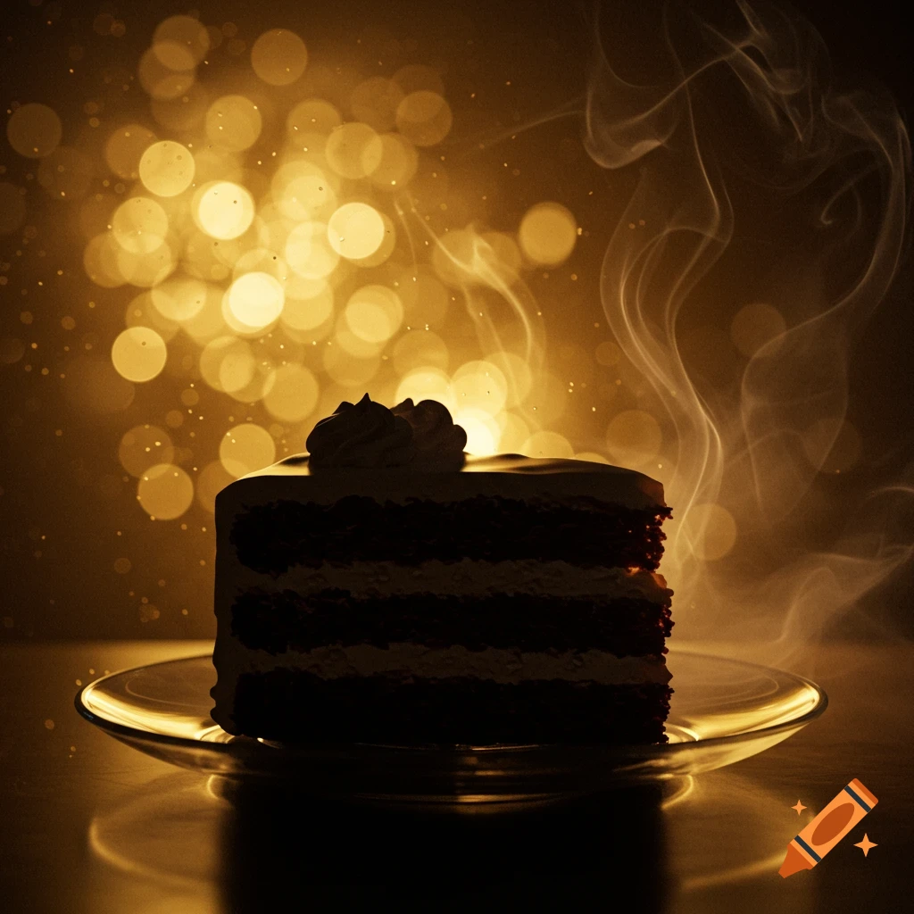 A silhouetted slice of layered cake with cream on a plate, surrounded by golden bokeh lights and wisps of steam.