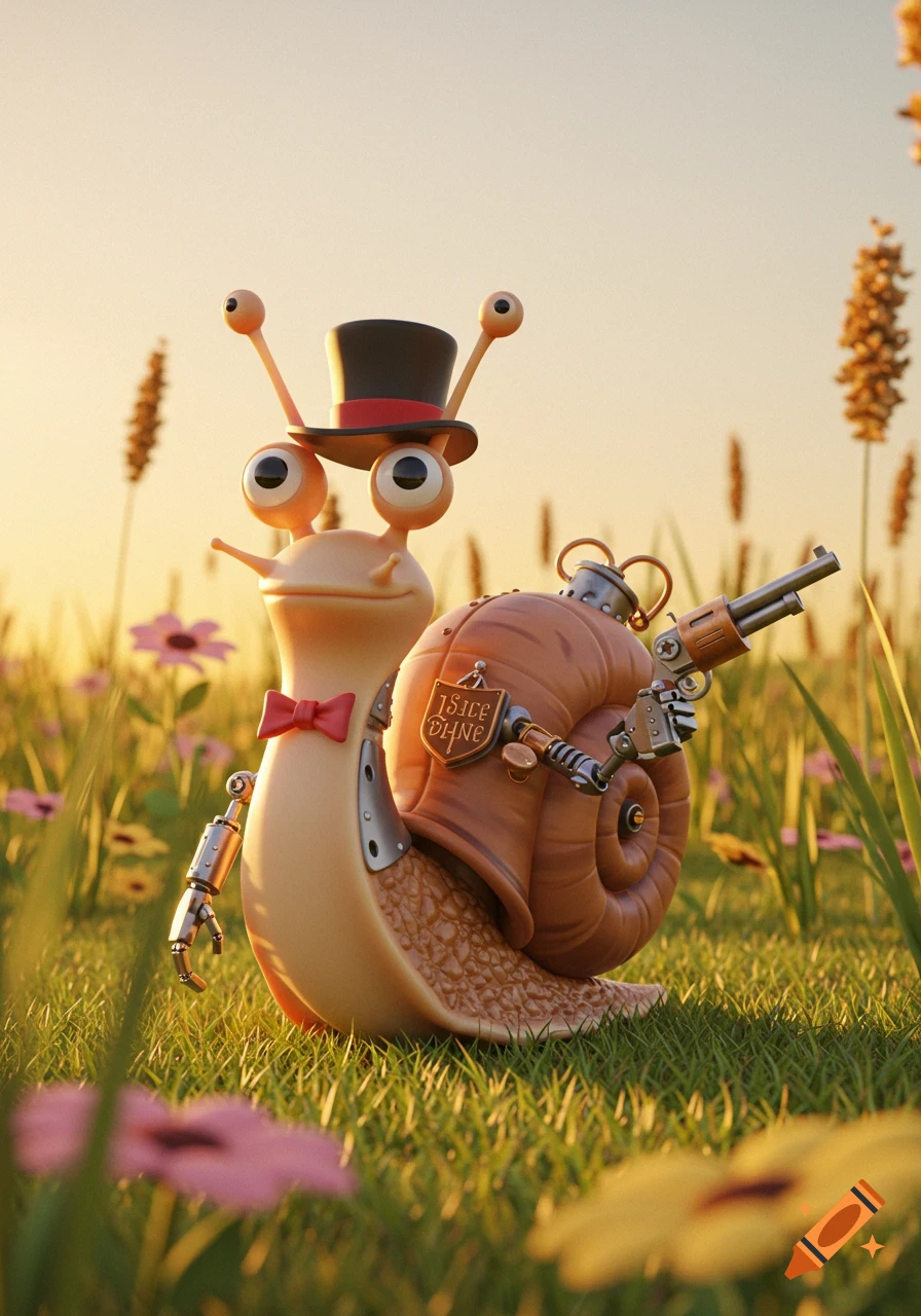 A cute 3D cartoon snail wearing a top hat and bow tie, with robotic arms and a gun attached to its shell, in a sunny field.
