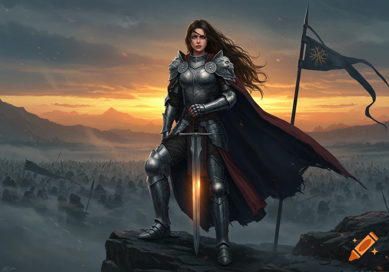 A female warrior in ornate silver armor and a red cape stands on a rock overlooking a misty battlefield at sunset.