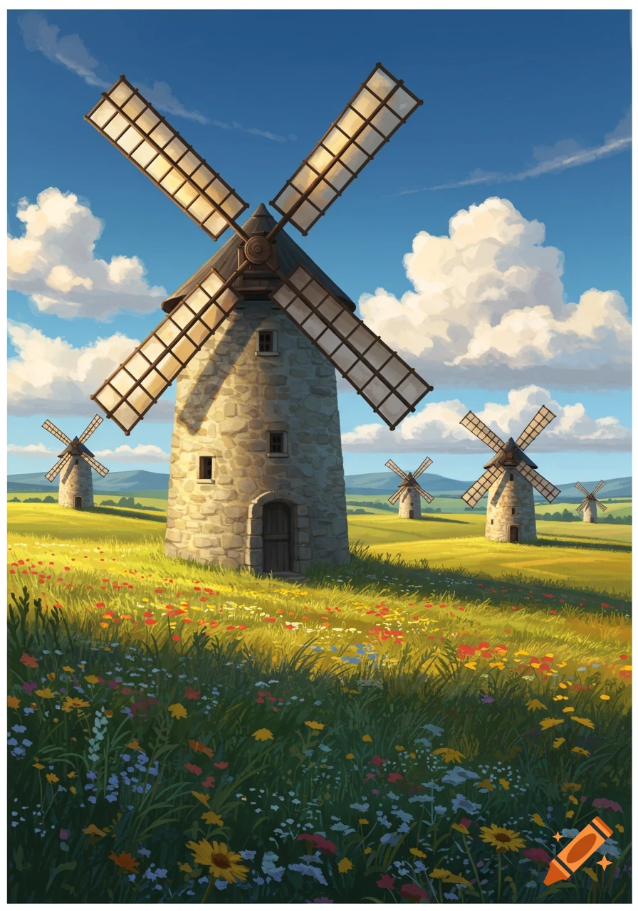 An illustration of several stone windmills in a vibrant field of wildflowers under a bright blue sky with fluffy clouds.