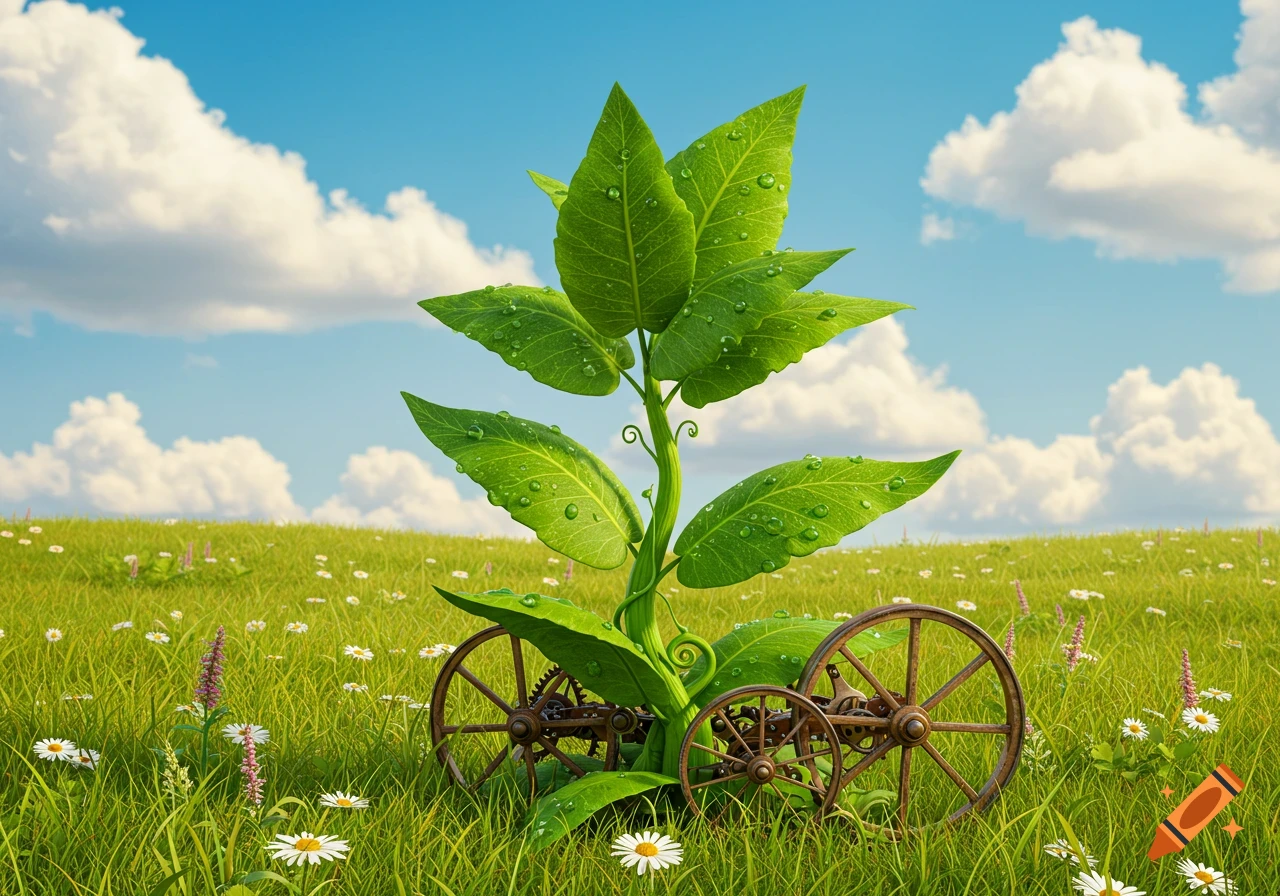 A large green plant with dewdrops on its leaves, featuring wooden wagon wheels at its base, stands in a grassy field under a blue sky.