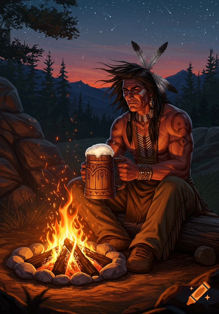 Detailed illustration of a Native American man with feathers, sitting by a campfire at dusk, holding a large foamy wooden beer mug.