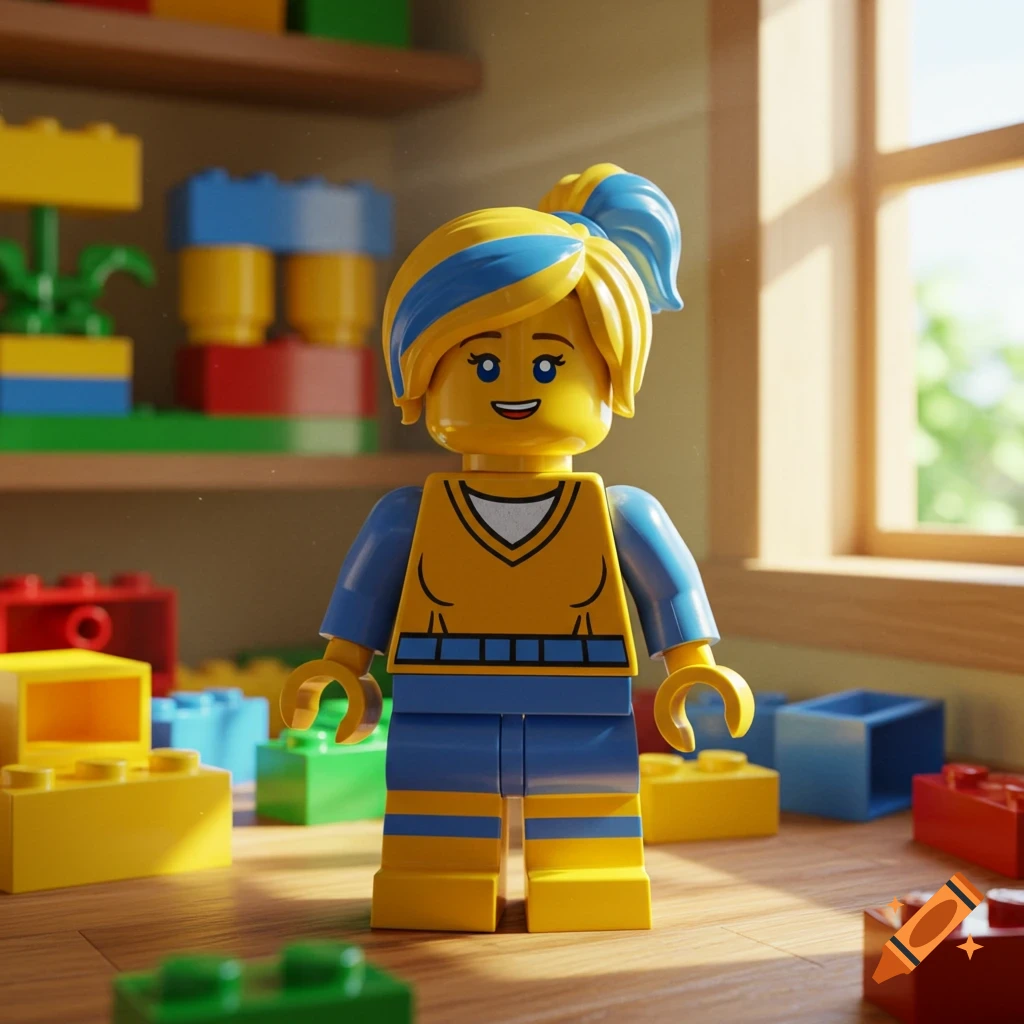 A female Lego minifigure with blonde and blue hair and a yellow and blue outfit stands on a wooden floor surrounded by colorful Lego blocks.