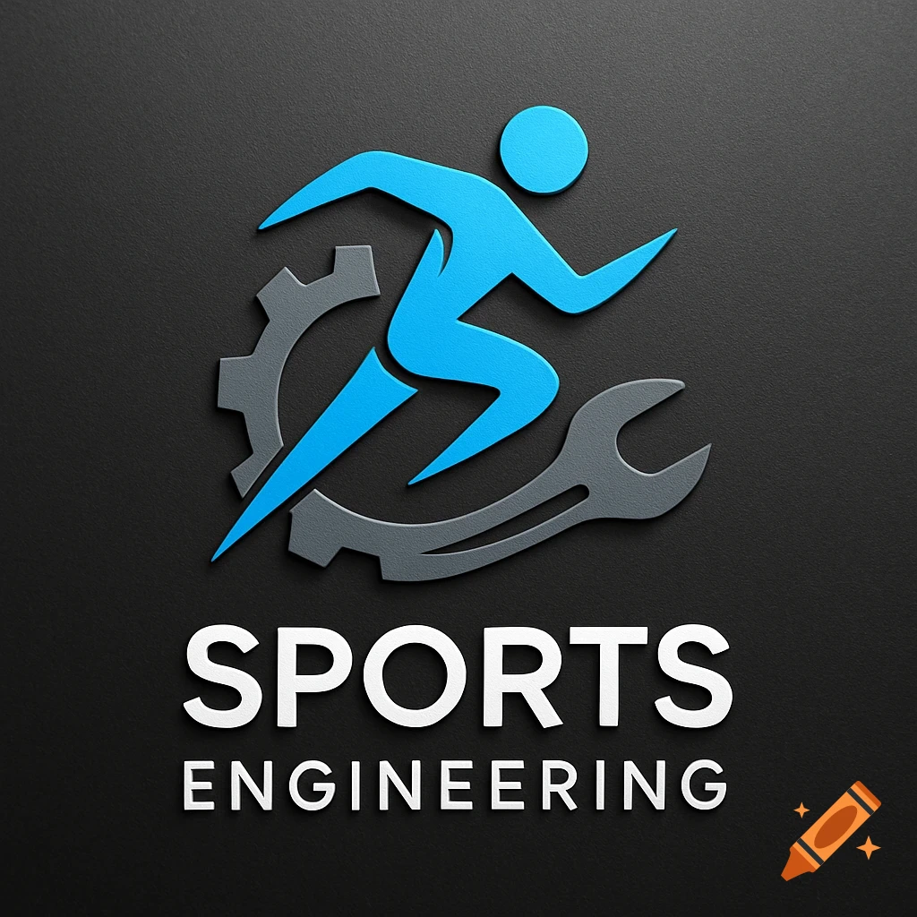 Blue running person icon over a gray gear and wrench, with "SPORTS ENGINEERING" text, on a dark gray textured background.
