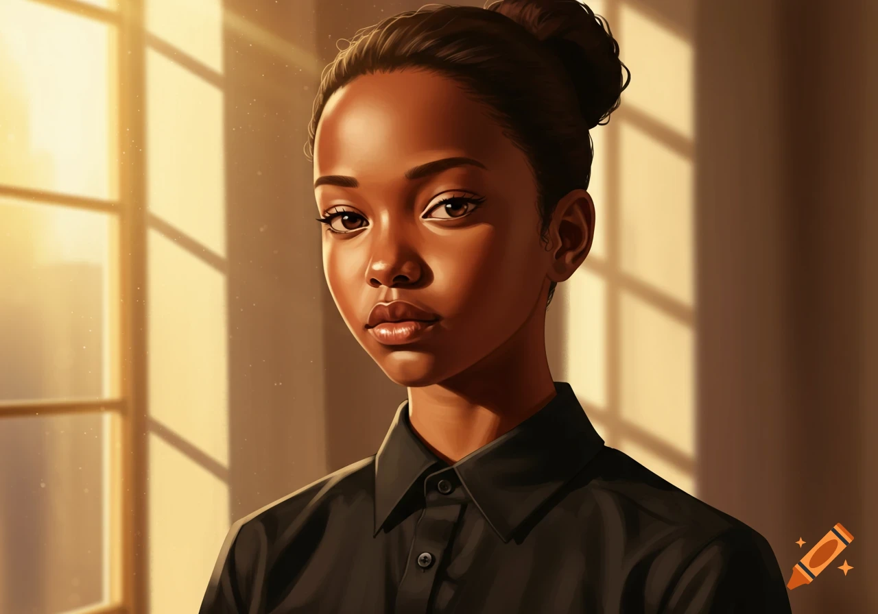 Painterly portrait of a young Black woman with a bun, wearing a black collared shirt, bathed in warm window light.