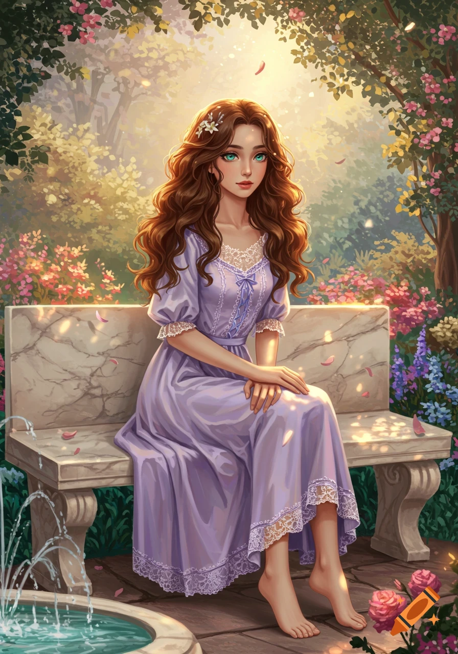 A pretty woman with long brown hair in a lavender dress sits on a marble bench in a sunlit, blooming garden. Detailed illustration.