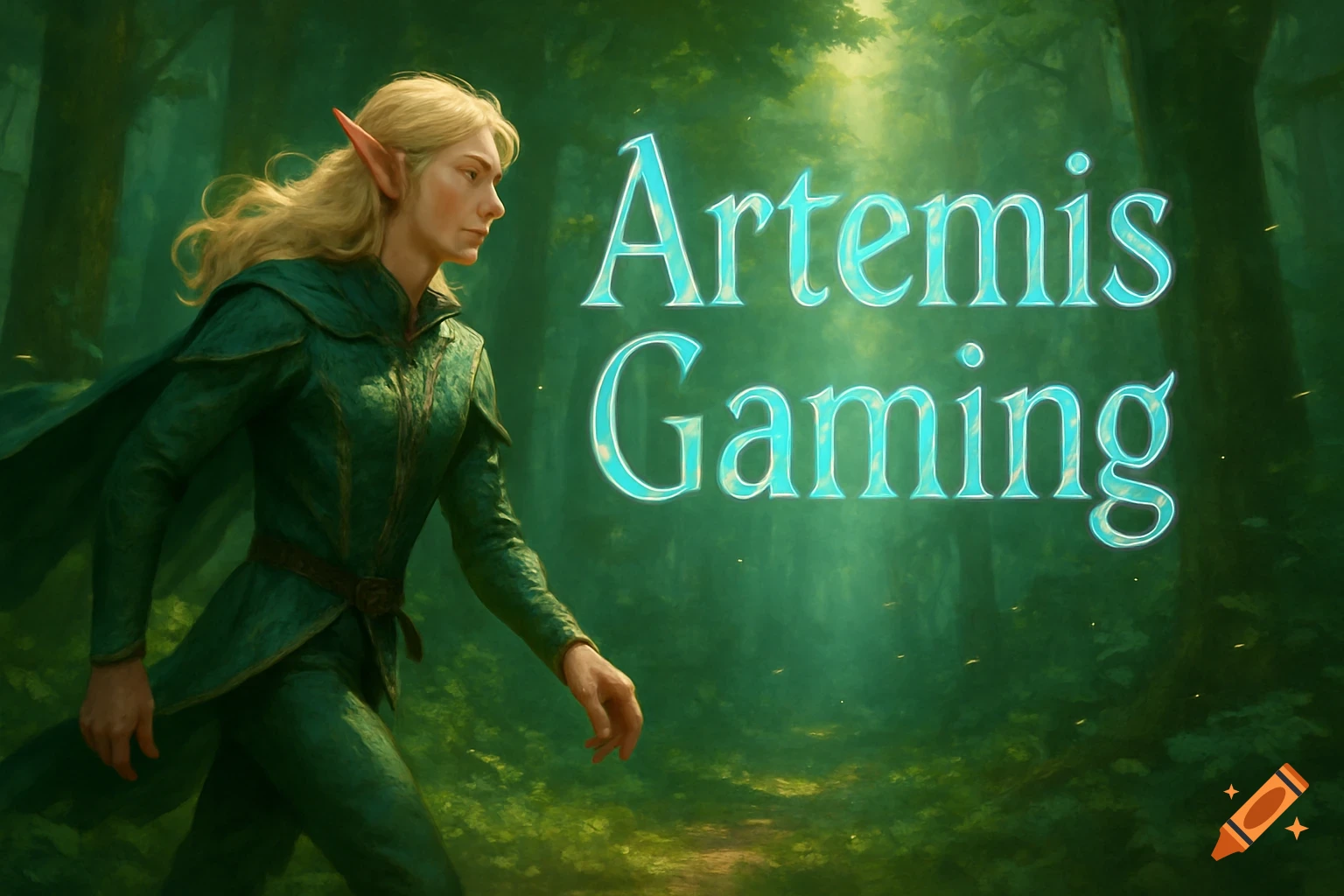 A blond elf in green attire walks through a magical forest, with 'Artemis Gaming' text glowing behind them.