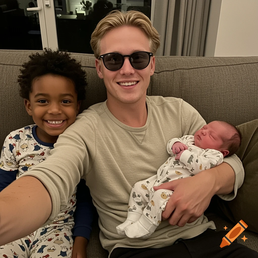 A man in sunglasses smiles while holding a baby, next to a smiling young boy, on a couch.