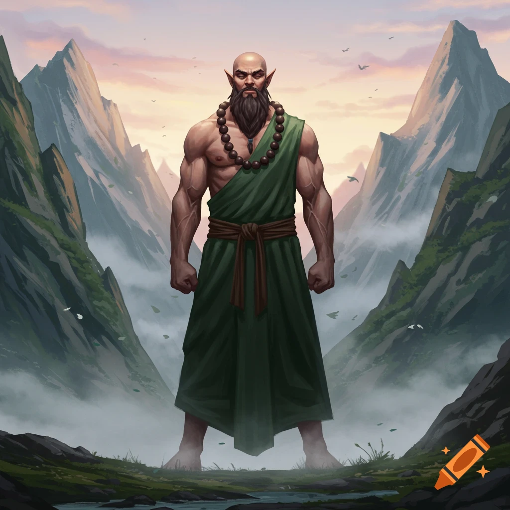 A muscular, bald elf monk with a long beard and pointed ears stands in a green robe amidst misty mountain peaks.
