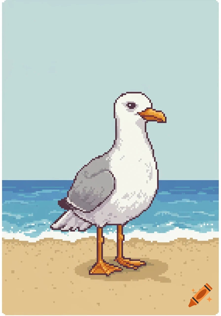 A pixel art seagull stands on a sandy beach with the ocean waves in the background under a pale blue sky.