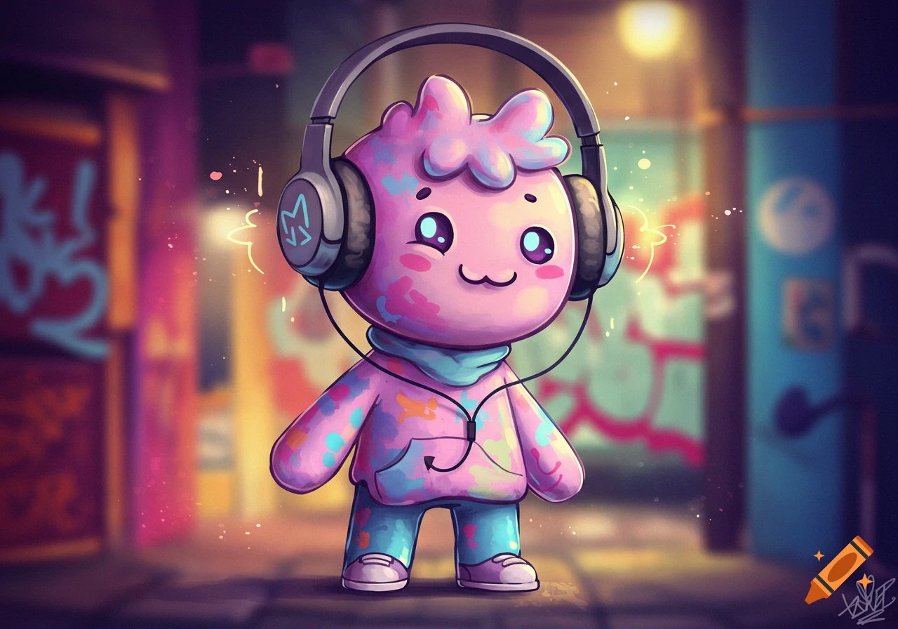 A cute, pink, cartoon creature wearing large headphones stands in a graffiti-covered alley, illuminated by colorful lights.