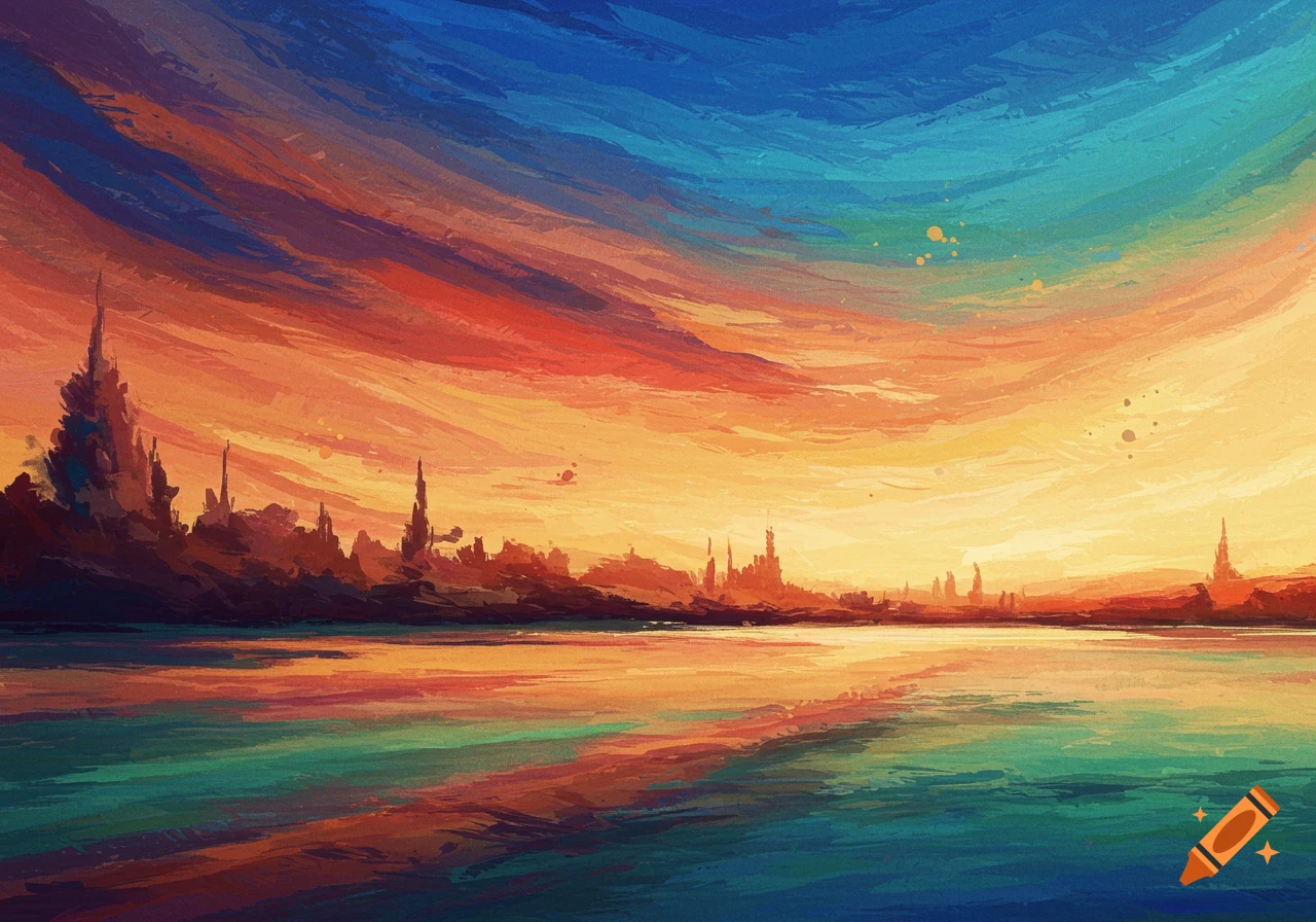 Vibrant impressionistic abstract landscape painting of a sunset over water with silhouetted distant structures.