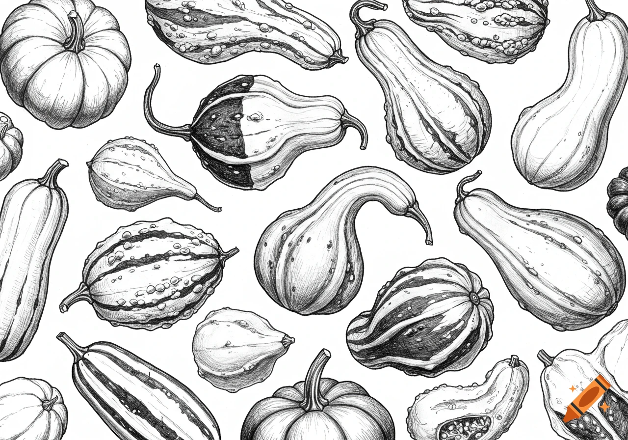 Detailed black and white line art drawing of various gourds and squash scattered on a white background.
