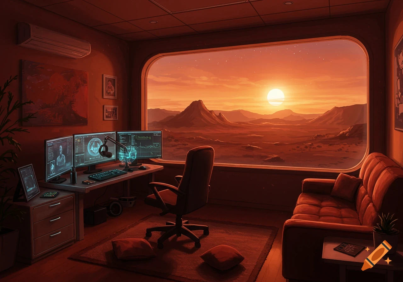 A cozy futuristic room with computer screens overlooks a red Martian landscape with a setting sun.