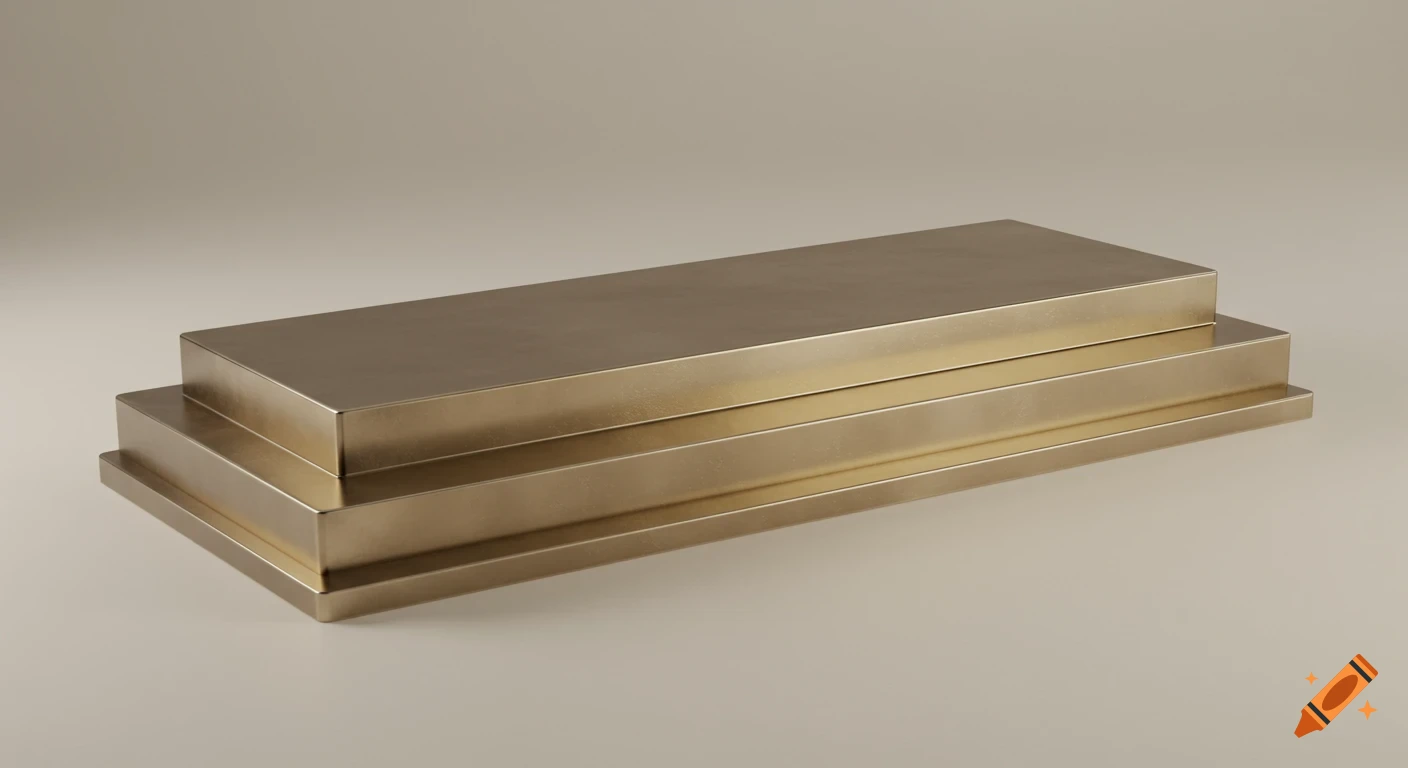 A photorealistic, minimalist three-tier stepped rectangular base in satin bronze.