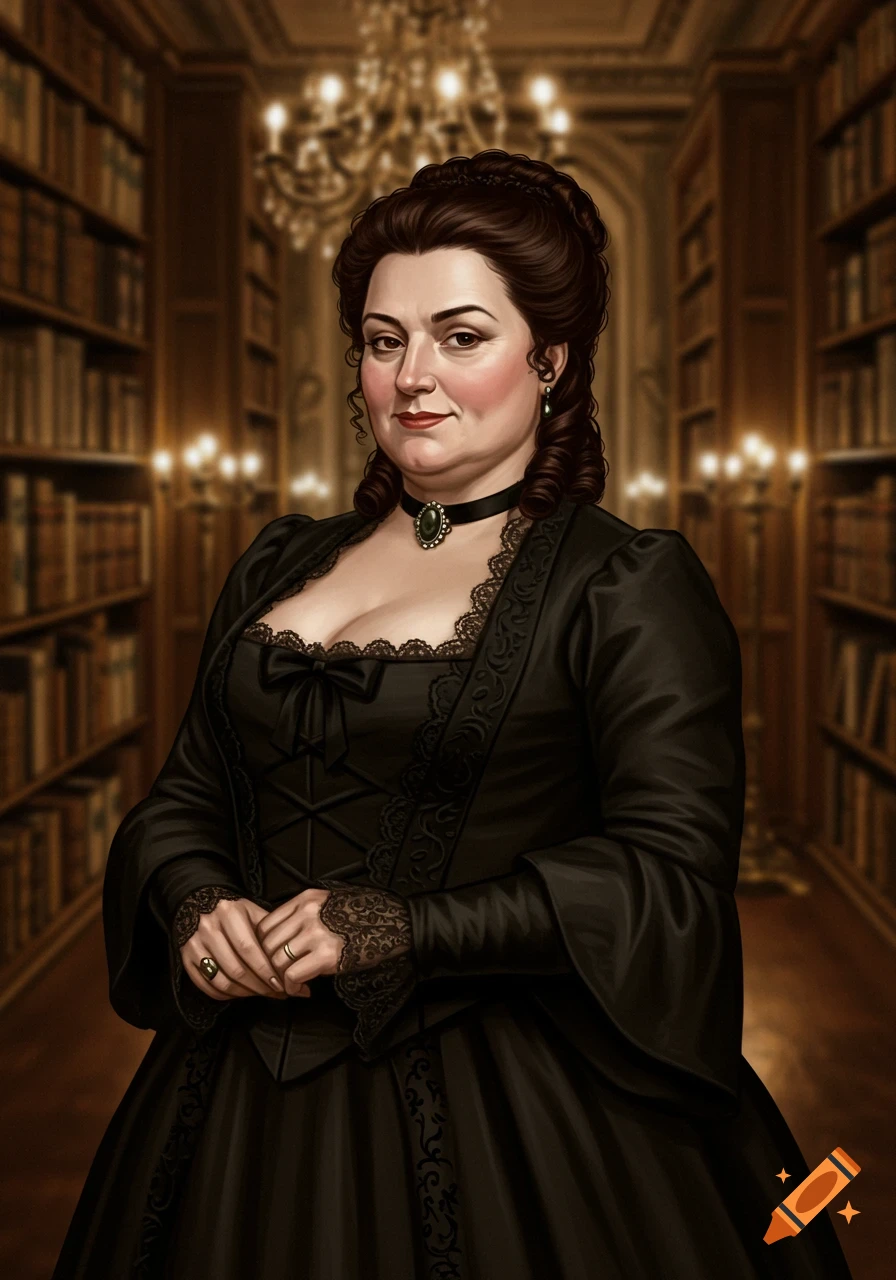 An elegant, slightly plump woman in an 18th-century black mourning dress stands in a library.