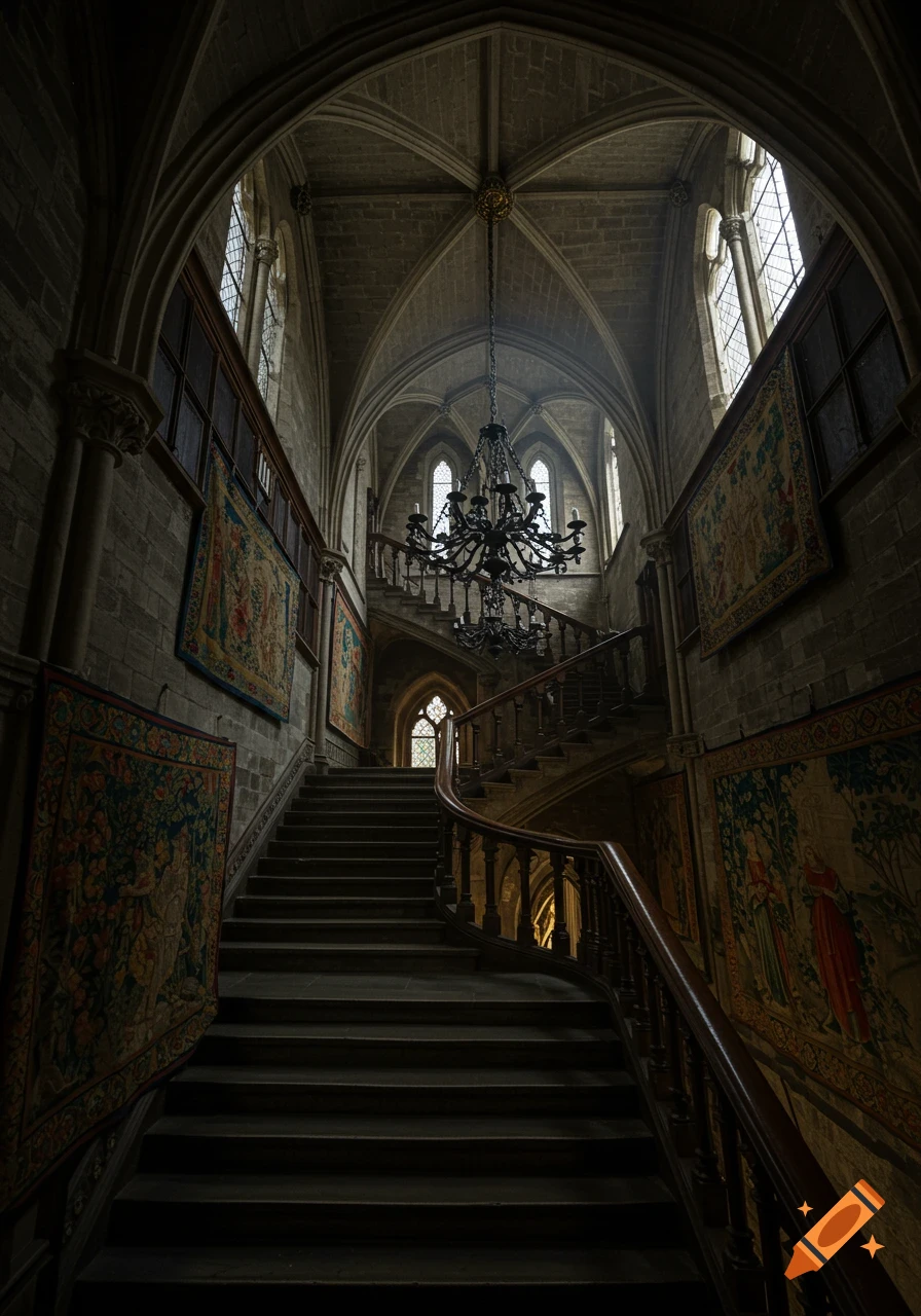 Grand gothic castle interior with a winding stone staircase, arched ceilings, large windows, chandeliers, and tapestries.
