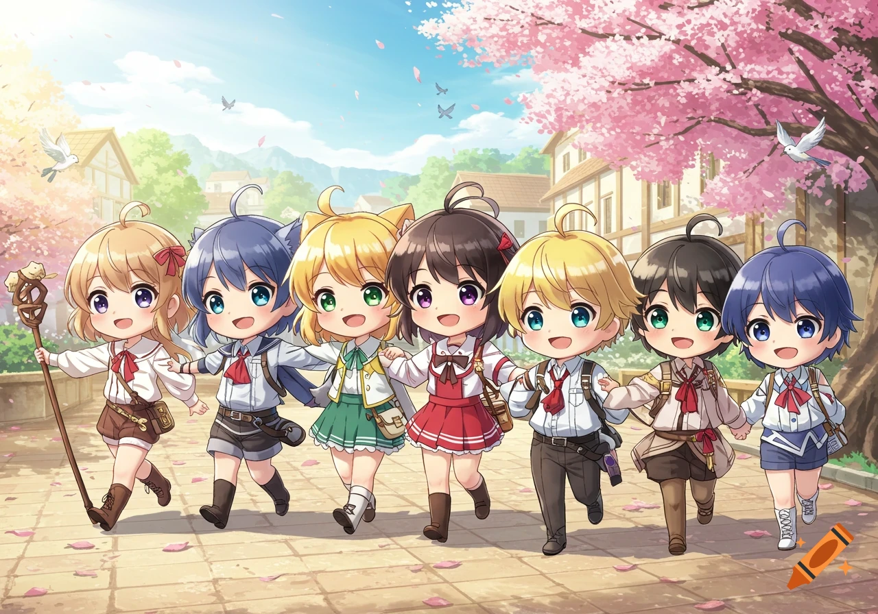Seven cheerful chibi anime characters, with diverse hair and outfits, walk hand-in-hand along a path lined with cherry blossom trees and buildings.