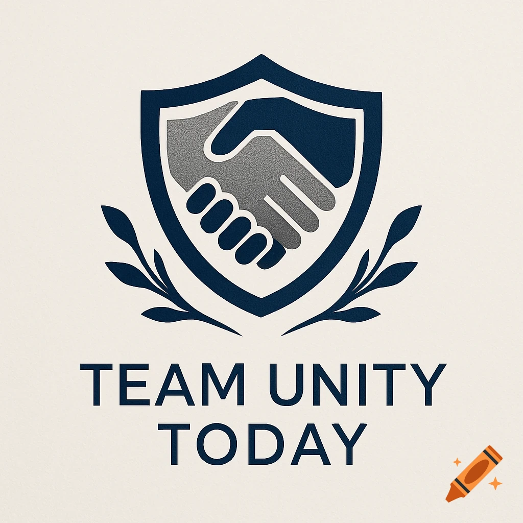 Logo with a gray handshake inside a dark blue shield, flanked by leaves, above the text 'TEAM UNITY TODAY'.