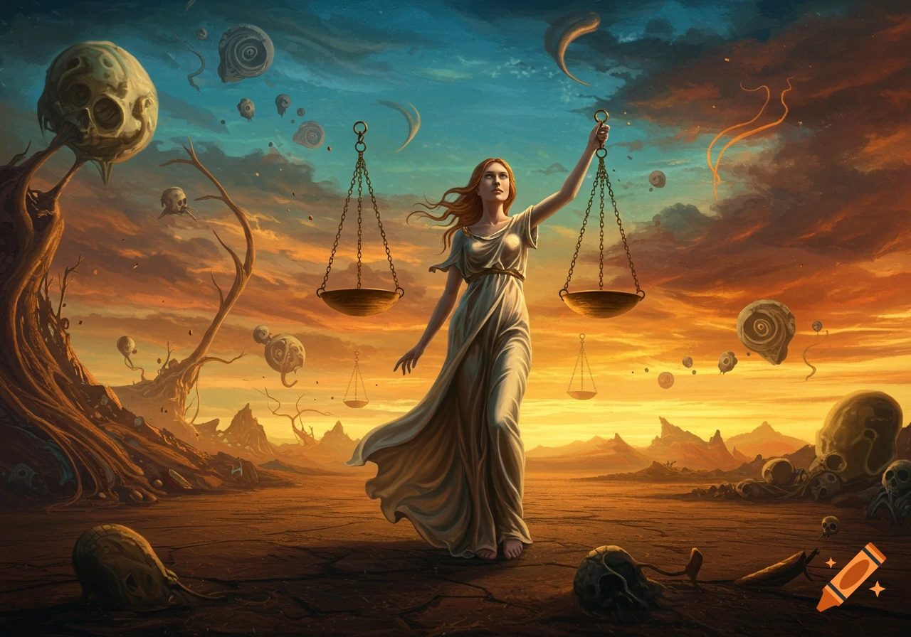 A woman in a flowing white gown holds scales of justice in a surreal desert landscape with floating skulls and an orange-blue sky.