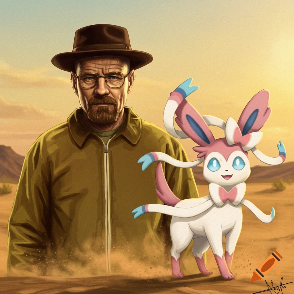 Stylized illustration of Walter White and the Pokemon Sylveon in a desert landscape.