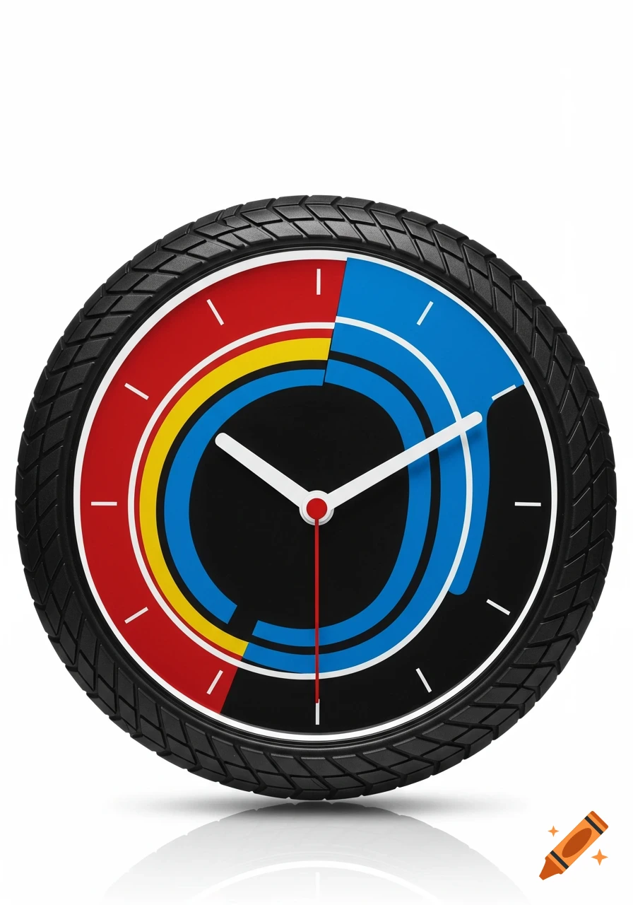 A race car themed wall clock resembling a black tire, featuring a vibrant red, blue, and yellow abstract design on its black face with white hands.