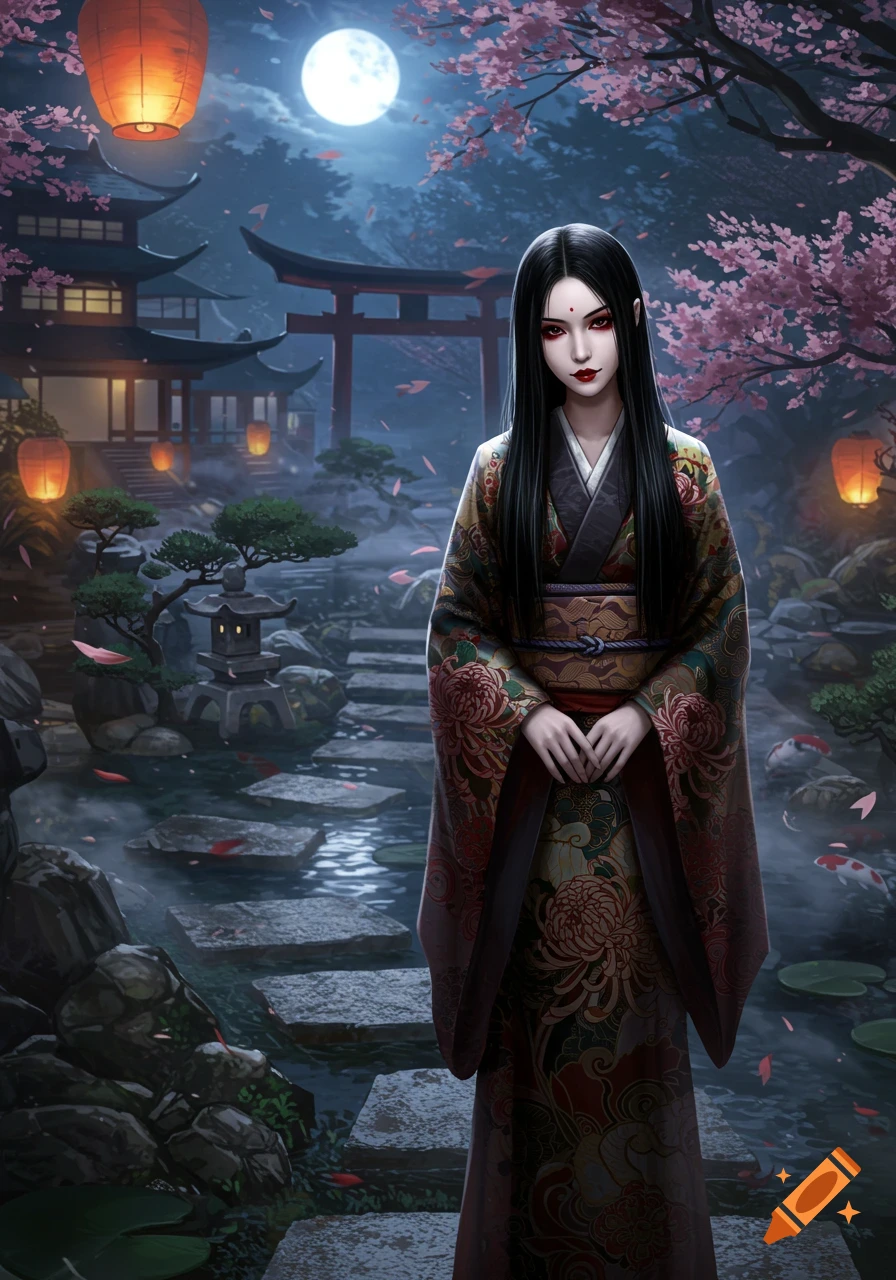 A pale woman in a dark, ornate kimono stands in a moonlit Japanese garden with cherry blossoms, temples, and lanterns in an anime style.
