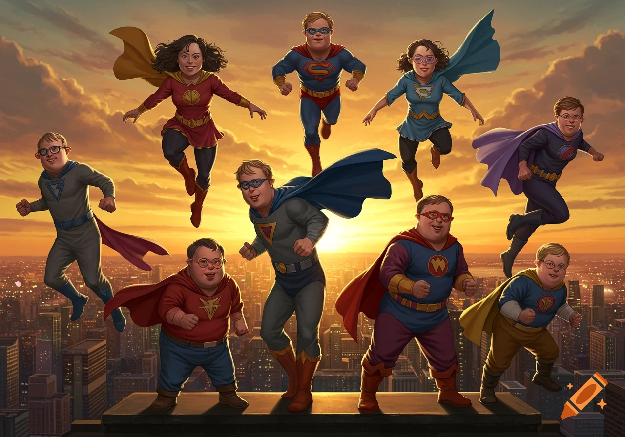 A diverse superhero squad, some flying and some standing on a city rooftop, poses against a vibrant sunset in a digital art style.