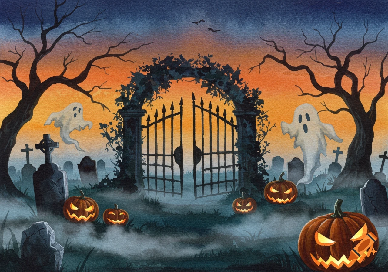 Watercolor spooky Halloween cemetery with gate, ghosts, glowing jack-o'-lanterns, bare trees, and fog at sunset.