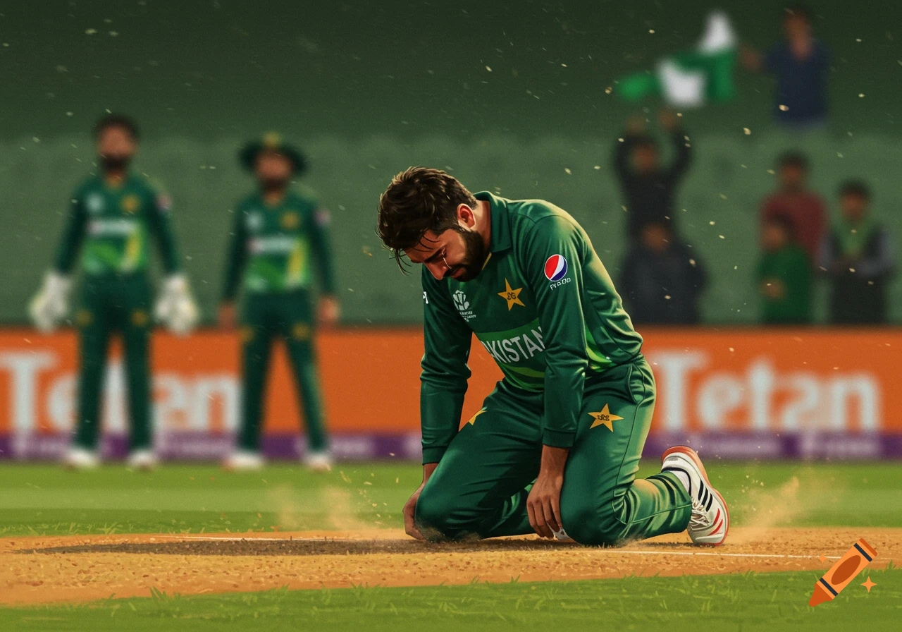 A Pakistani cricket player in a green uniform kneels dejectedly on the cricket pitch, looking down with tears, as blurred teammates and fans stand in the background.
