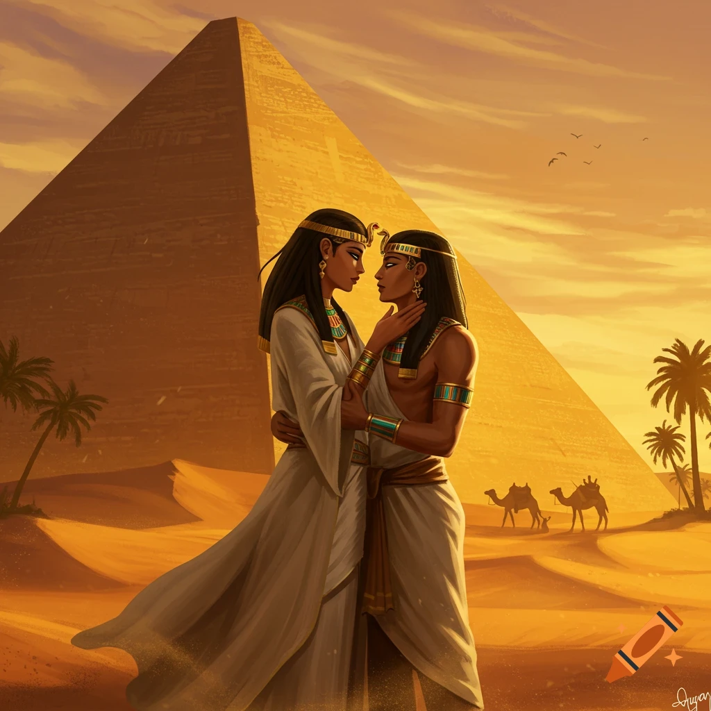 Digital painting of two individuals in ancient Egyptian attire embracing in a desert at sunset with a large pyramid and palm trees.