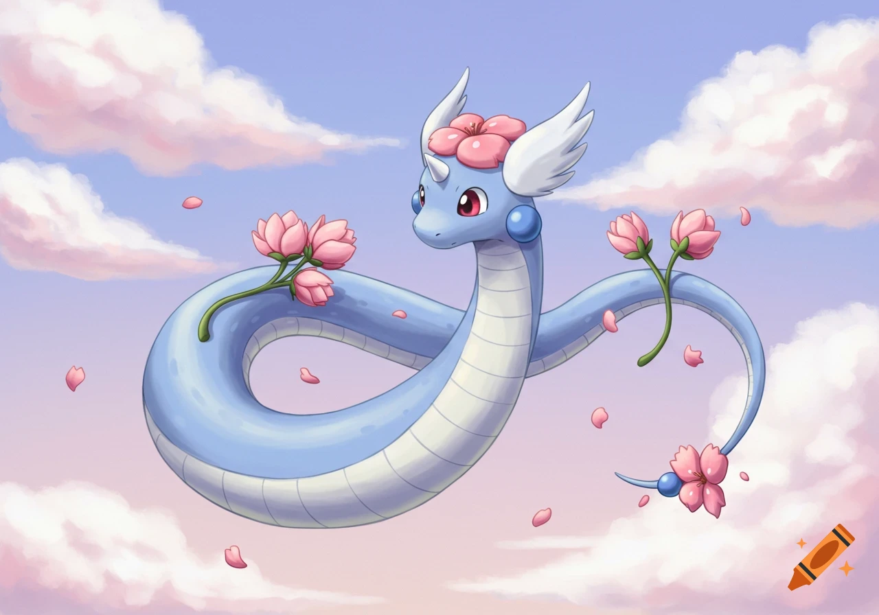 A cute light blue Dragonair Pok A9mon with pink flowers on its head and tail floats in a pastel sky with pink clouds.