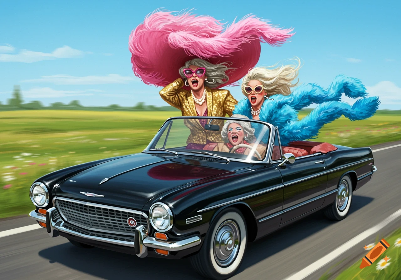 Three flamboyant old ladies with huge hats and boas joyfully ride in a black convertible on a sunny country road, illustration.