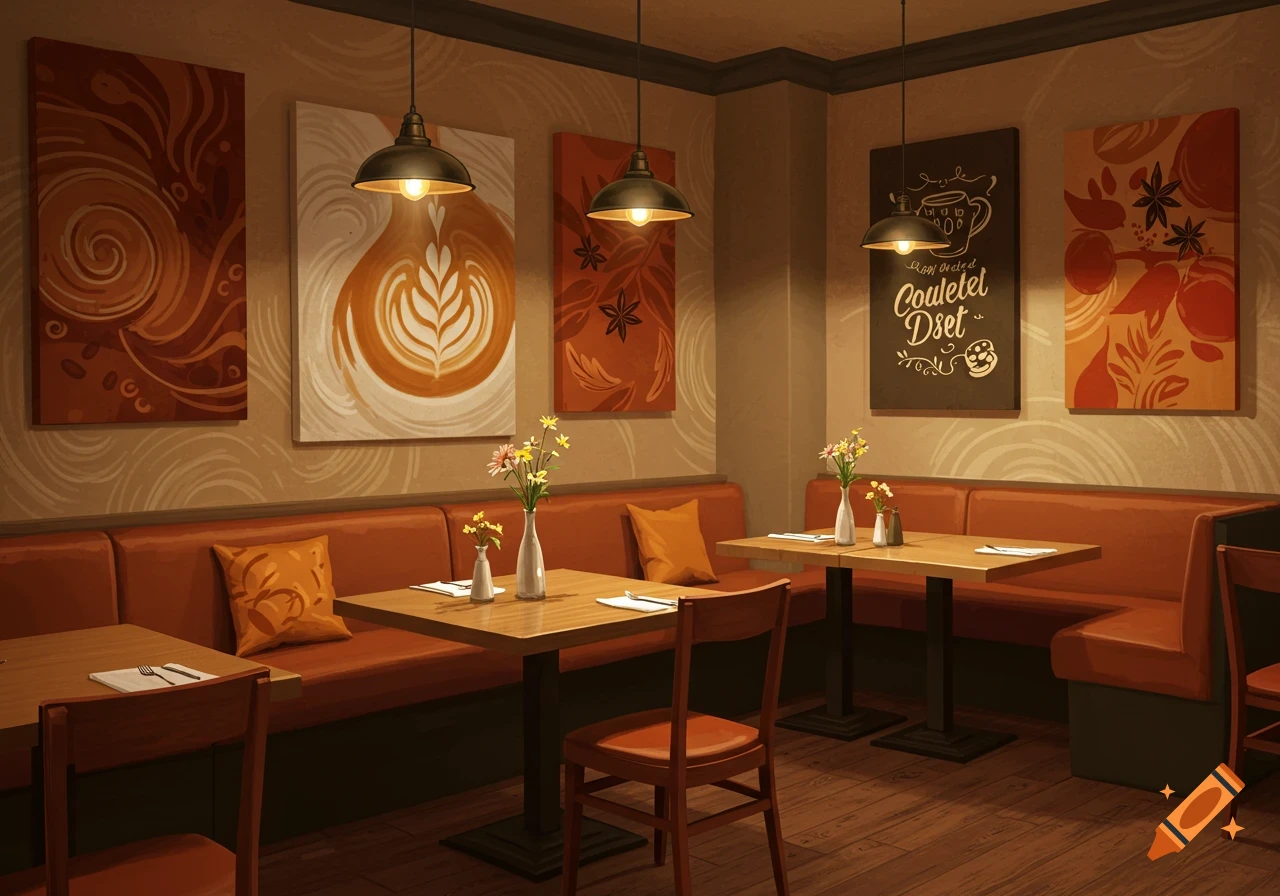 Cozy cafe interior with warm lighting, orange booths, wooden tables, and coffee-themed wall art, including latte art.