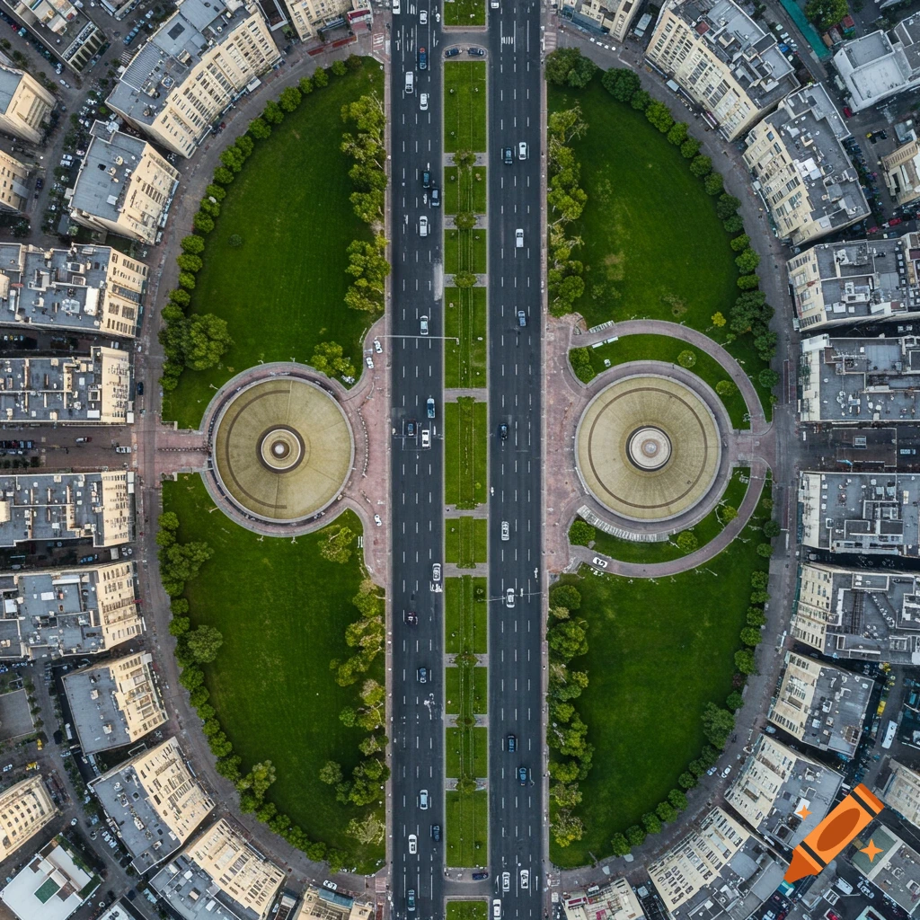 Photorealistic aerial view of a symmetrical city plan with a divided road, two circular domed buildings, green parks, and surrounding urban blocks.